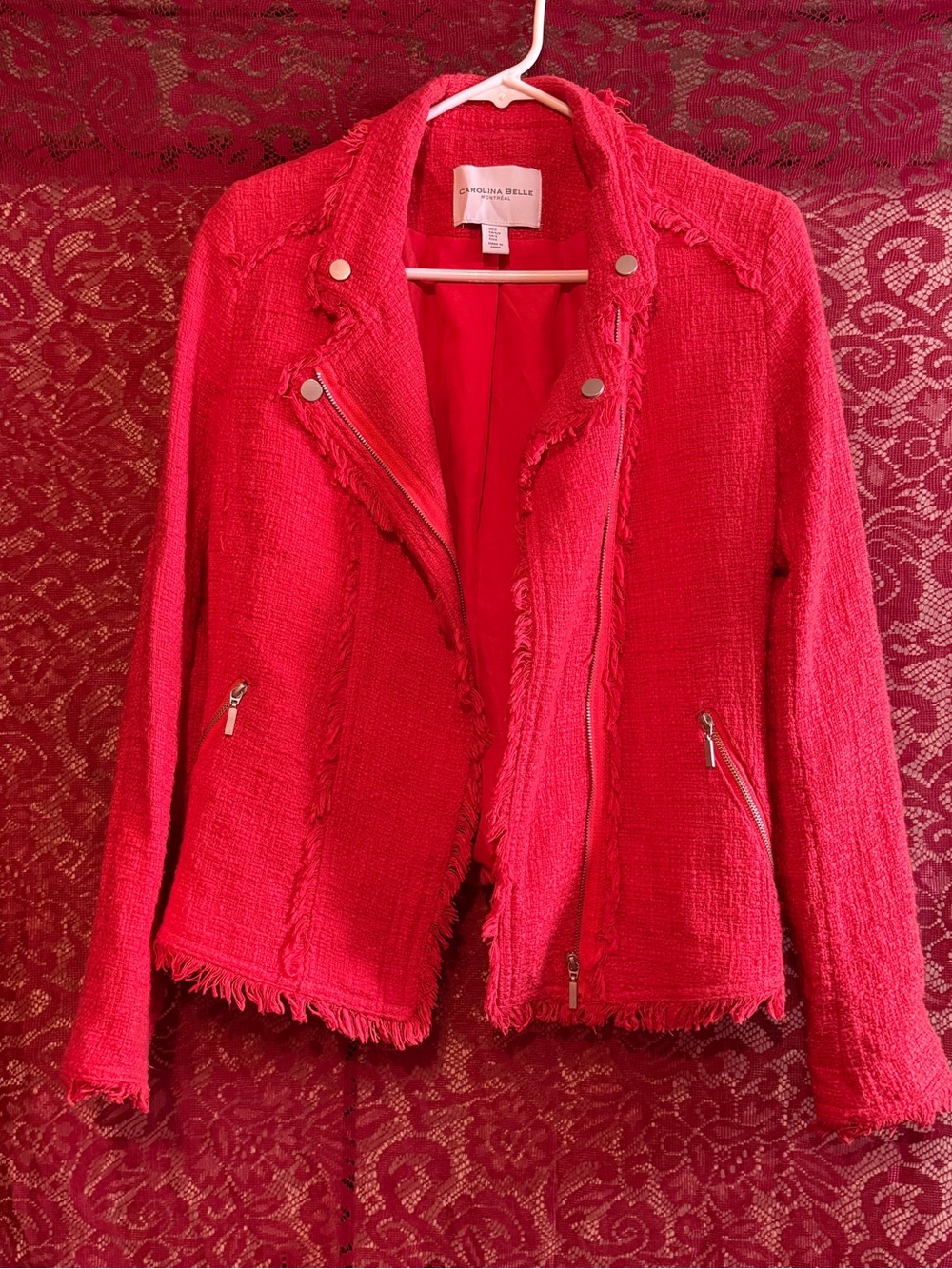 Carolina Belle Red Tweed Fringe Moto Jacket Small Boucle Asymmetric Zip Blazer